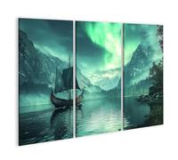 islandburner Stampa su tela con nave vichinga sotto le luci del nord e le montagne, 130 x 80 cm, 3 pezzi