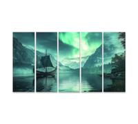 islandburner Stampa su tela con nave vichinga, sotto le luci del nord e le montagne, 160 x 80 cm, 5 pezzi XXL