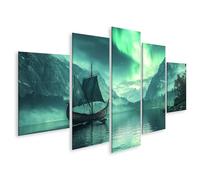 islandburner Stampa su tela con nave vichinga sotto le luci del nord e le montagne, 170 x 80 cm, 5 pezzi