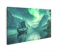 islandburner Stampa su tela con nave vichinga sotto le luci del nord e le montagne, 80 x 40 cm