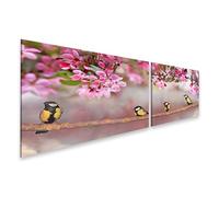 islandburner Stampa su tela con quattro cince di cavolo su un ramo sotto rami di fiori, 160 x 40 cm, 2 pezzi