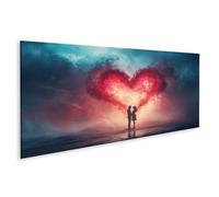 islandburner Stampa su tela con sagoma innamorata davanti al cuore luminoso nel cielo serale, tela 120 x 40 cm, panorama
