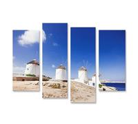 islandburner WTD - Stampa su tela con mulini a vento sulla costa sotto il cielo blu in Grecia, 130 x 80 cm, 4 pezzi