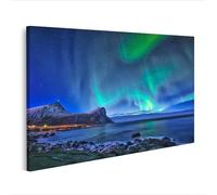 islandburner WTD - Stampa su tela l"aurora boreale sul paesaggio costiero roccioso di notte, 100 x 57 cm