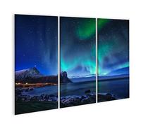 islandburner WTD - Stampa su tela l"aurora boreale sul paesaggio costiero roccioso di notte, 130 x 80 cm, 3 pezzi