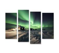 islandburner WTD - Stampa su tela l"aurora boreale sul villaggio polare coperto di neve Aurora Borealis, paesaggio notturno invernale, tela 130 x 80 cm, 4 pezzi
