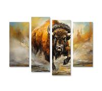 islandburner WTD - Stampa su tela, motivo: Bison forte che corre attraverso la nebbiosa mattina nella natura selvaggia, 130 x 80 cm, 4 pezzi