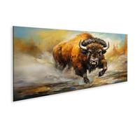 islandburner WTD - Stampa su tela, motivo: Bison forte che corre attraverso la nebbiosa mattina nella natura selvaggia, 120 x 40 cm, panorama