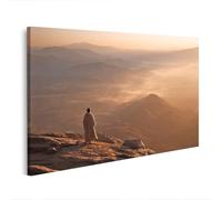 islandburner WTD - Stampa su tela, motivo: nebbia mattutina in montagna, con persona in piedi su una roccia, 100 x 57 cm