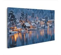 islandburner WTD - Stampa su tela, motivo: sera d'inverno, in un villaggio innevato sul lago, 100 x 57 cm