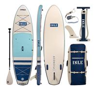 ISLE Pioneer tavola da stand up paddle gonfiabile, strap a molla, pinna centrale, zaino, pompa manuale, pagaia. SUP cressi adatta ai principianti. 320x86x15 cm, 129kg max. - Verde acqua/blu navy