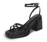 ISNOM Black Platform Heels for Women Comfortable Strappy Heels Short Block Chunky Sandals Ankle Strap Simple Summer Heeled Sandals Square Open Toe for Wedding Work Party Dressy Prom,Black,Size 8