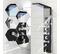 ISOISL Pannello doccia con rubinetto, pannello doccia in acciaio inox, 6 funzioni con indicatore di temperatura a LED, pioggia e cascata, doccetta a mano, ugelli massaggianti e beccuccio per vasca da