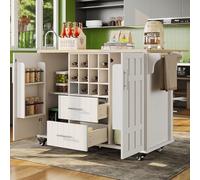 Isola cucina con pareti divisorie rimovibili, carrello da pranzo con piano di lavoro, buffet, carrello da pranzo con venature in legno, porta asciugamani laterale con portabottiglie con ruote, bianco