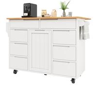 Isola Cucina Moderna con Ruote - Carrello Estraibile Multifunzione con 8 Cassetti, Scaffale Spezie e Piano Ribaltabile in MDF Bianco | Design Compatto per Piccole Cucine e Appartamenti (Bianco + MDF)