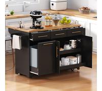 Isola da cucina con rotelle da 150,6 cm, con contenitore per bidone della spazzatura, 2 armadietti estraibili, foglia a goccia, presa di corrente, carrello mobile per cucina e sala da pranzo (nero)
