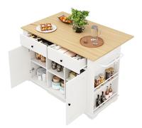 Isola da cucina multifunzionale nera con tavolo da pranzo pieghevole Power Strip ruote bloccabili ripiani regolabili 2 cassetti e ripiani laterali - Mobile da portata mobile in MDF finitura con