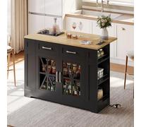Isola da cucina portatile da 120 cm con tavolo da pranzo pieghevole, ripiano aperto, porta AC, porta USB, porta in vetro, laminato regolabile, ruote con freni per cucina, sala da pranzo, soggiorno e