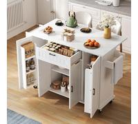 Isola della cucina con piano di lavoro pieghevole, carrello da cucina su rotelle, armadio da cucina con 4 ante e 1 cassetto, portaspezie integrate nelle porte, portasciugamani double face, 120×45(70)×
