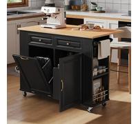 Isola della cucina con ruote, tavolo da pranzo allungabile, isola della cucina con scomparto per rifiuti e porta asciugamani, carrello da portata mobile con prese, ideale per cucina e sala da pranzo