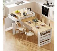 Isola di cucina da 82,7 pollici con tavola da pranzo estensibile per 4-6 posti a sedere, stoccaggio doppio, uscita di energia, 2 cassetti, 2 scaffali aperti laterali(White)