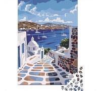 Isola Greca Puzzle 1000 Pezzi per Adulti Carta Edifici Blu Bianchi Gioco di Puzzle 1000 Pezzi Decorazione Regalo 70x50cm/1000pcs