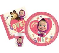 Isola Party Kit festa di compleanno Masha e Orso per 16 persone eco-friendly (16 piatti di carta ⌀ 23 cm, 16 bicchieri di carta 200 ml, 20 tovaglioli di carta 33x33 cm)