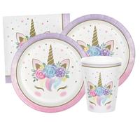 Isola Party Kit Festa di Compleanno Tema Unicorno Bambina per 16 Persone Eco-Friendly Multicolore (16 Piatti ⌀ 23 cm, 16 Bicchieri 266 ml, 20 Tovaglioli 33x33 cm)