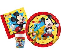 Isola Party Kit festa di compleanno Topolino Mickey Jump Into Fun per 16 persone eco-friendly (16 piatti di carta ⌀ 23 cm, 16 bicchieri di carta 200 ml, 20 tovaglioli di carta 33x33 cm)