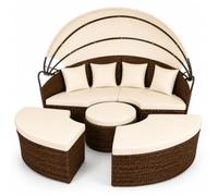 Isola Prendisole Modulare In Polyrattan Divanetto Con Tettuccio Parasole Pieghevole Con Tavolino Integrato E 4 Cuscini Sdraio Per Giardino Terrazza Beige E Marrone