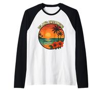Isola Sognando Tramonto Ibisco Fiore Retro Spiaggia Tropicale Maglia con Maniche Raglan