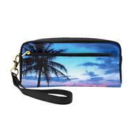 Isola tropicale spiaggia oceano rosa blu tramonto, Borsa per il trucco Borsa per cosmetici Borsa da viaggio portatile da toilette Astuccio in pelle per donne e ragazze