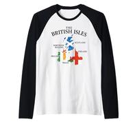 Isole britanniche Mare Irlanda Scozia Galles Inghilterra Mappa Monete Maglia con Maniche Raglan