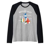 Isole britanniche Mare Irlanda Scozia Galles Inghilterra Mappa Monete Maglia con Maniche Raglan