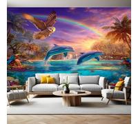 Isole Tropicali Carta da Parati Murale Animali gufo e delfino Foto Wallpaper 450x315 cm Grande Murale TNT Fotomurali Decor da Muro Poster per Camere da Letto Cucine Soggiorni Bambini