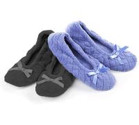 isotoner Confezione da 2 pantofole da donna in mictroterry con fiocco in raso, Pervinca trapuntata, tinta unita di frassino, 38/39 EU
