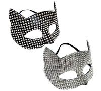 ISOYTERO 2 pezzi Cat Woman Mask Mash Face costume da gatto Rhinestone Women Maschera di cosplay alla moda per Halloween Masquerade Black + Silver