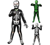 ISOYTERO Costume da scheletro per bambini in costume full luminoso in da scheletro a maniche lunghe scure con guanti inquietanti costumi di Halloween per ragazzi e ragazze, il bambino