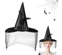 ISparbox Cappello da Strega Halloween, Cappello da Strega in Pizzo Nero da Donna Decorato con Nero Velo Rose e Piume, Vestiario per Vostro Costume da Strega per Halloween Carnevale