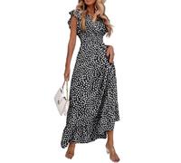 iSpchen,Abito Elegante da Donna Gonna Lunga Floreale a Balze Collo a V Primavera/Estate,Nero M