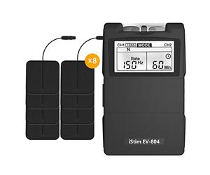 iSTIM EV-804 TENS/EMS Unità combinata a 2 canali - Stimolatore muscolare per sollievo dal mal di schiena, gestione del dolore e rafforzamento muscolare - 7 modalità, 24 programmi (8 elettrodi inclusi)