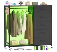 iSunirm 5 Cassetti Comò con Appendiabiti,Cassettiera con Asta Appendiabiti e Luci a LED,Armadio,Scaffali Aperti per Soggiorno,Nero