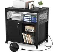 iSunirm Armadietto portadocumenti con rotelle, mobile per stampante da ufficio, con sportello e ripiano aperto, per formato A4, formato lettera e cartelle sospese, nero