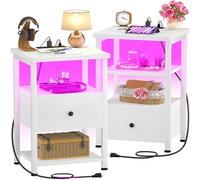iSunirm Comodino Set da 2 con Presa e LED, 40 x 40 x 68 cm, Comodino da Notte con Cassetto in MDF, 2 Prese, USB-A e USB-C, Tavolino 3 Ripiani per Camera Soggiorno, Bianco