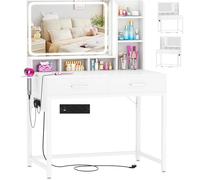 iSunirm Moderno Toeletta da Trucco con Specchio e Luce LED,Toeletta con 2 Cassetti e 1 Scaffali,Tavolo da Toeletta con Presa Elettrica,Adatto per Camera da Letto e Soggiorno,Bianco