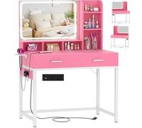 iSunirm Moderno Toeletta da Trucco con Specchio e Luce LED,Toeletta con 2 Cassetti e 1 Scaffali,Tavolo da Toeletta con Presa Elettrica,Adatto per Camera da Letto e Soggiorno,Rosa