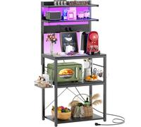 iSunirm Scaffale Cucina con Multipresa,Supporto per Forno a Microonde con Striscia Luminosa a LED,Portaoggetti a 5 Ripiani con 6 Ganci per Bar,40 x 60 x 147 cm,Nero