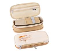 iSuperb Foldable Pencil Case Zipper Big Capacity Canvas Pencil Pouch Stationery Organizers Pen Bag Compartments Cosmetic Makeup Bags for Women (Kaki + Beige), cachi + beige