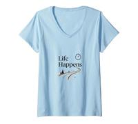 It Is What It Is: Life Happens Citazione Motivazionale Maglietta con Collo a V, Donna, Celeste, XL