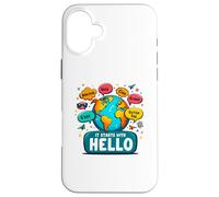 It Starts With Hello Friendship Inclusion Language Teacher Custodia per iPhone 16 Plus
